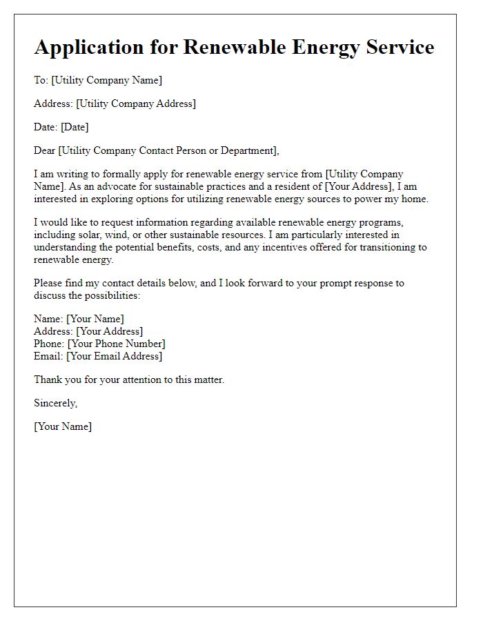 Letter template of application for renewable energy service with utility