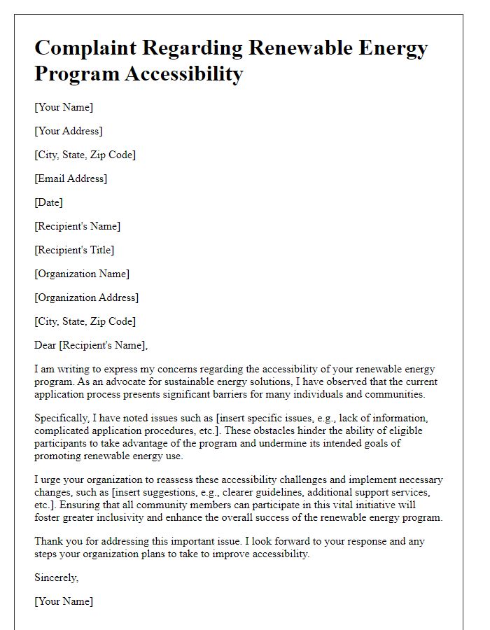 Letter template of complaint about renewable energy program accessibility