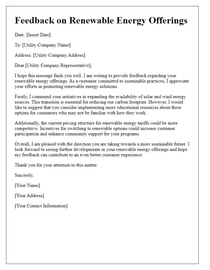 Letter template of feedback on utility's renewable energy offerings