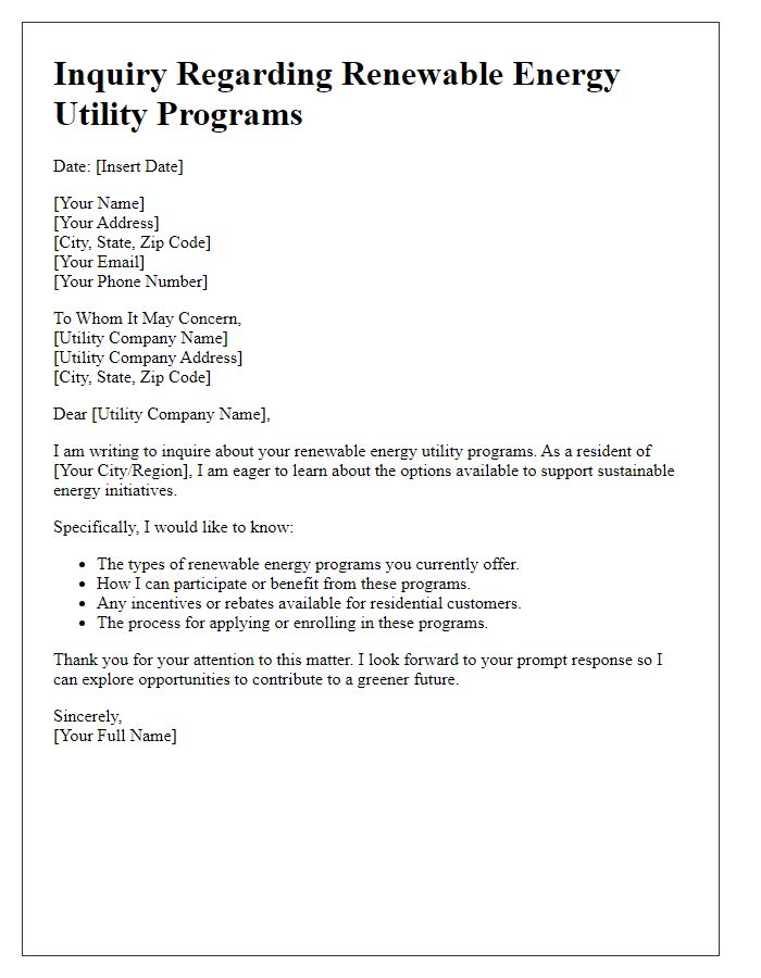 Letter template of inquiry regarding renewable energy utility programs