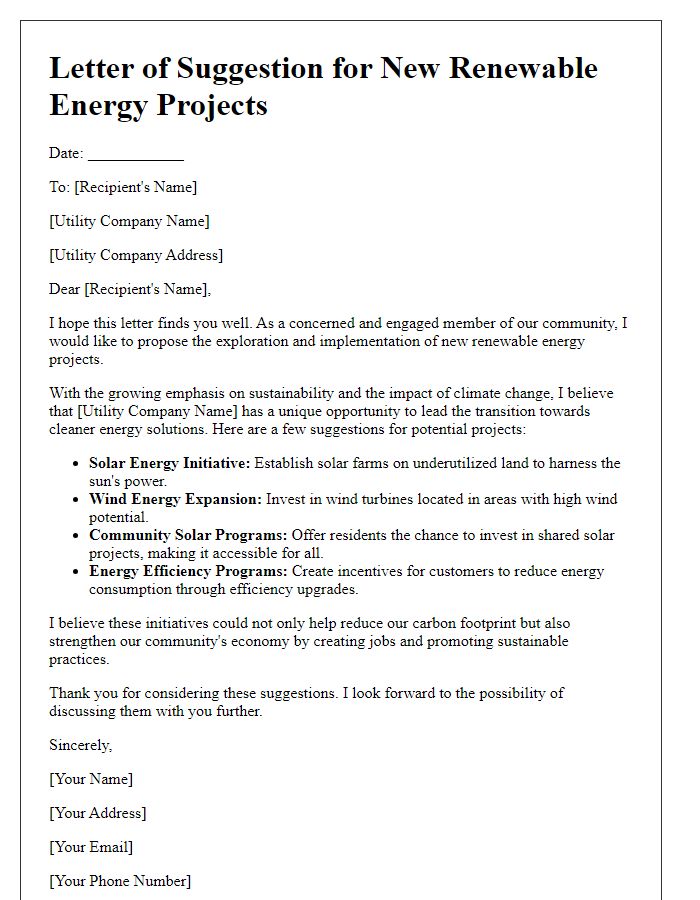 Letter template of suggestion for new renewable energy projects by utility