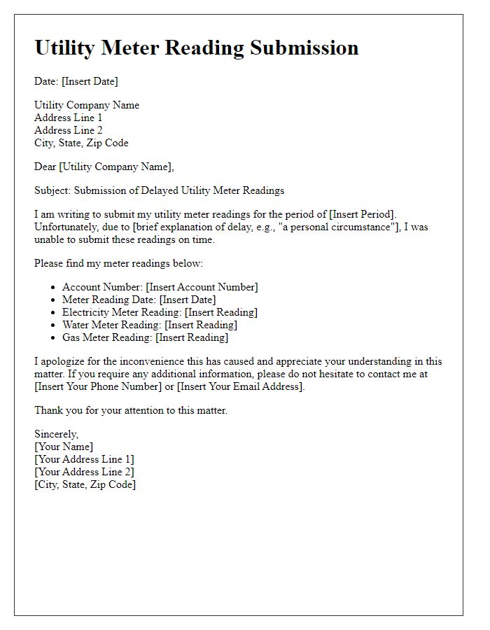 Letter template of utility meter reading submission for delayed readings.