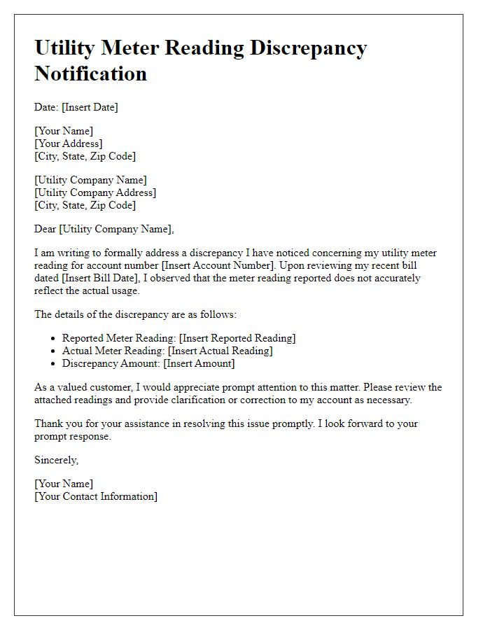 Letter template of utility meter reading submission for discrepancies.