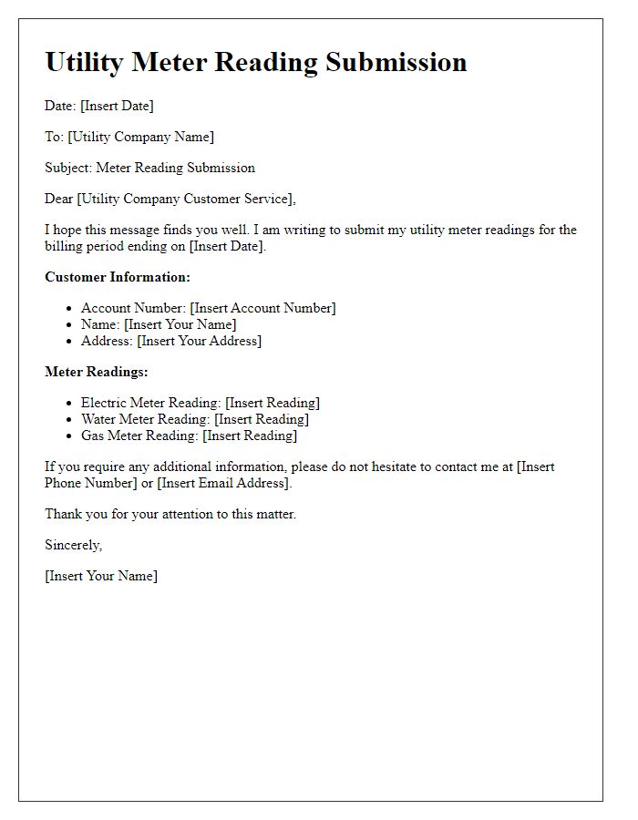 Letter template of utility meter reading submission for online submissions.