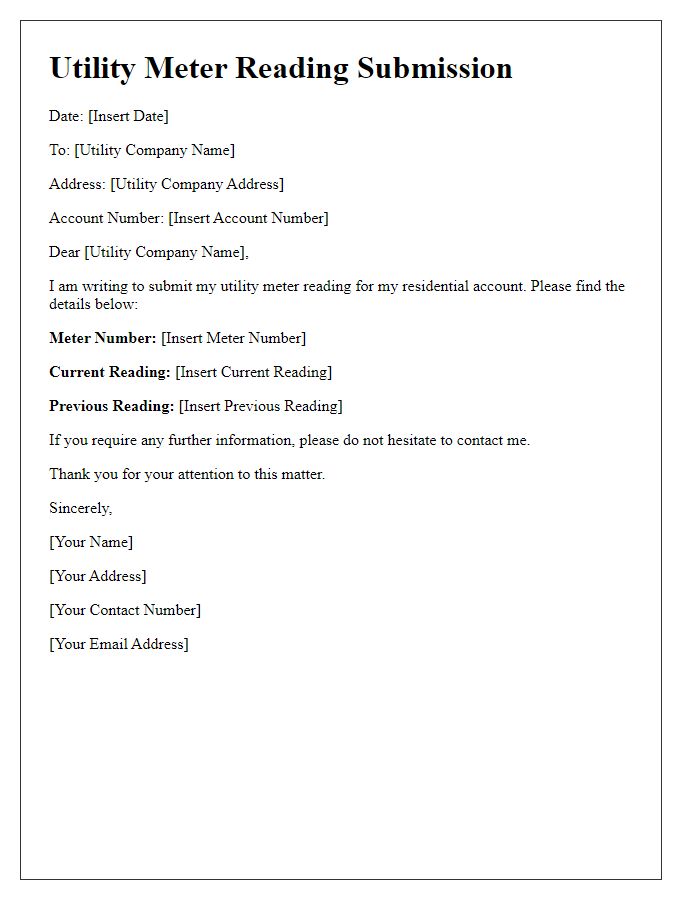 Letter template of utility meter reading submission for residential customers.