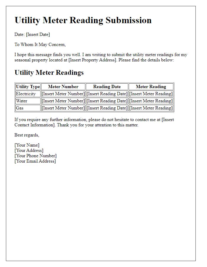 Letter template of utility meter reading submission for seasonal properties.