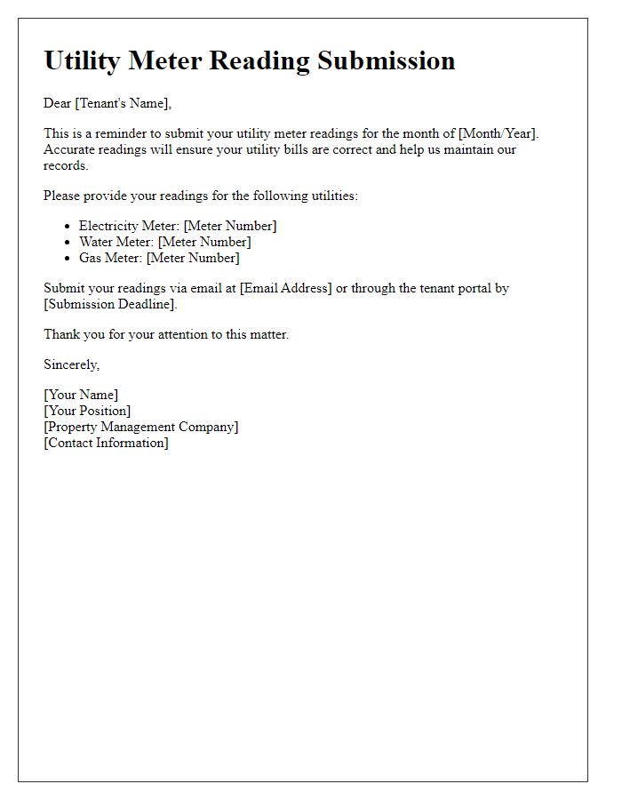 Letter template of utility meter reading submission for tenant notifications.