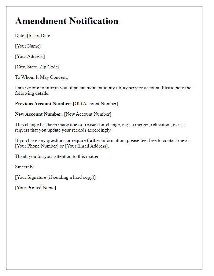 Letter template of amended utility service account number