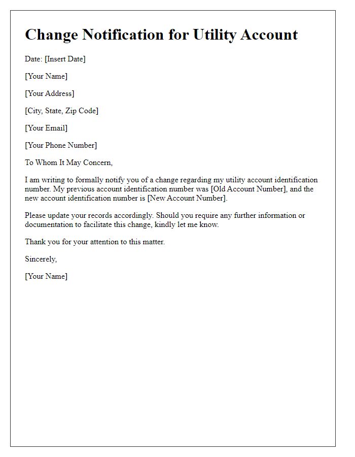 Letter template of change in utility account identification number