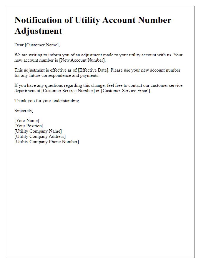 Letter template of notification for utility account number adjustment