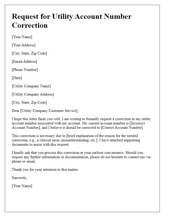 Letter template of request for utility account number correction