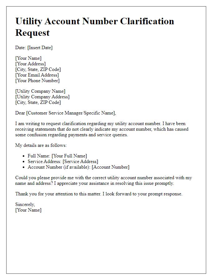 Letter template of utility account number clarification request