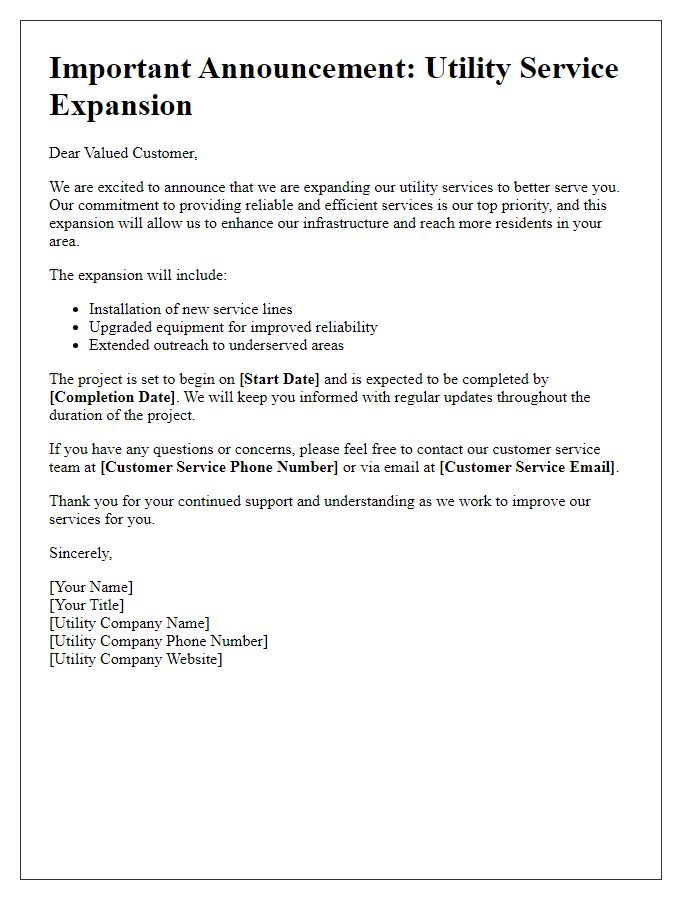 Letter template of utility service expansion announcement.