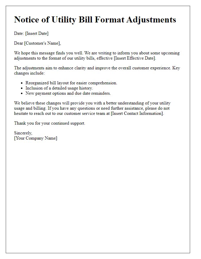 Letter template of communication on utility bill format adjustments