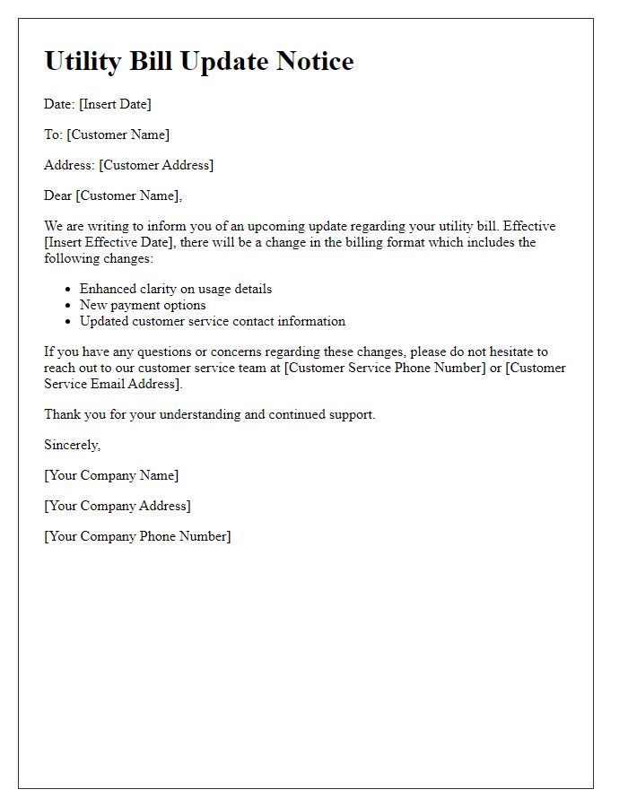 Letter template of update notice for utility bill layout