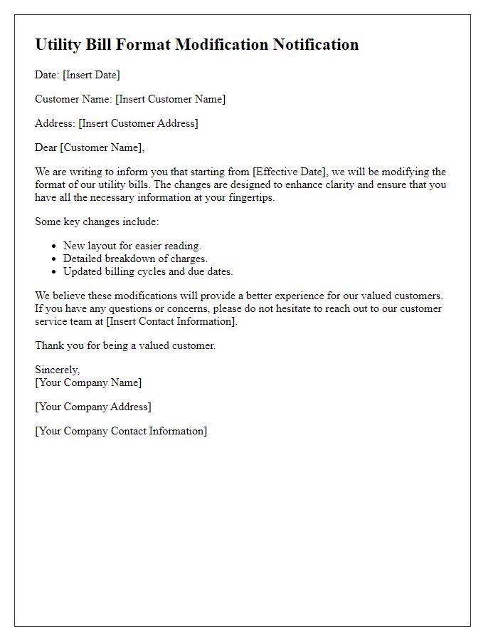 Letter template of utility bill format modification notification