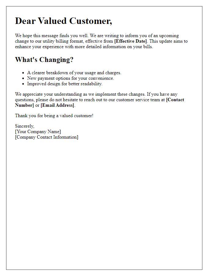 Letter template of utility billing format alteration announcement