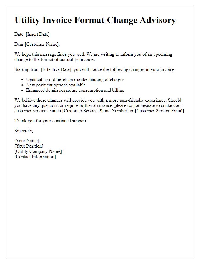 Letter template of utility invoice format change advisory