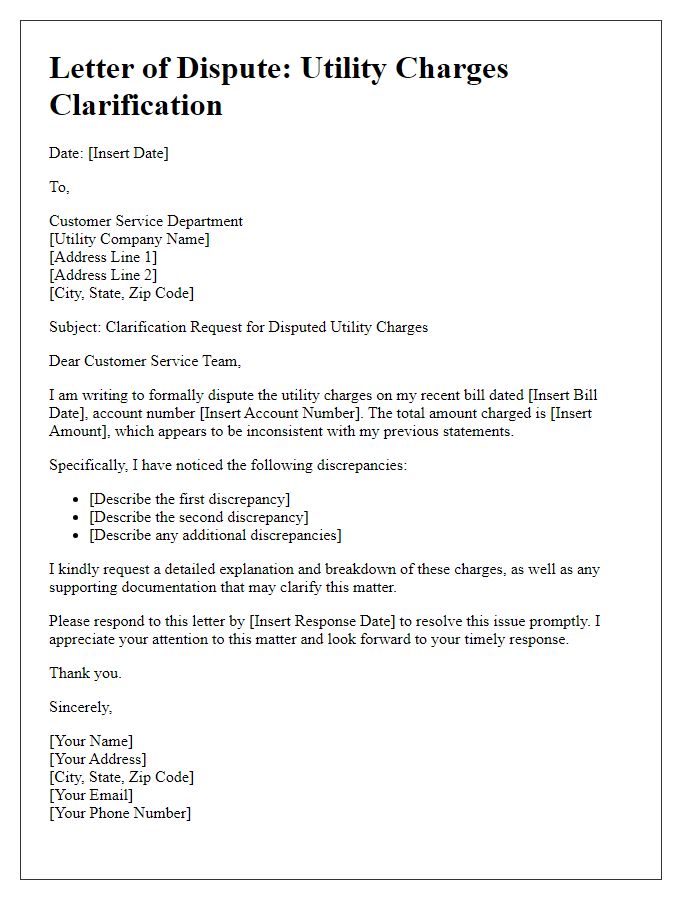 Letter template of disputed utility charges clarification.