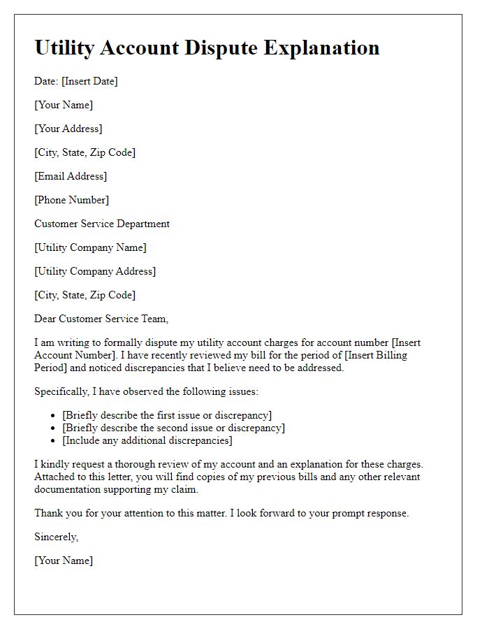 Letter template of utility account dispute explanation.