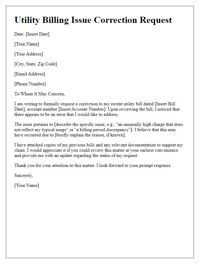 Letter template of utility billing issue correction request.