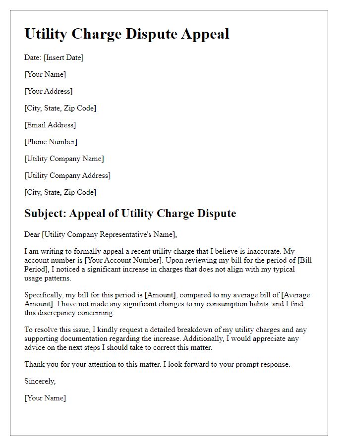 Letter template of utility charge dispute appeal.