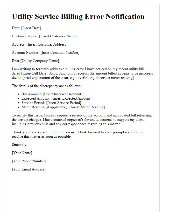 Letter template of utility service billing error address.
