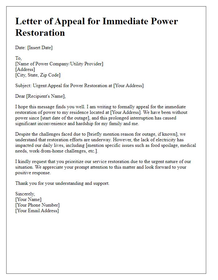 Letter template of appeal for immediate power restoration