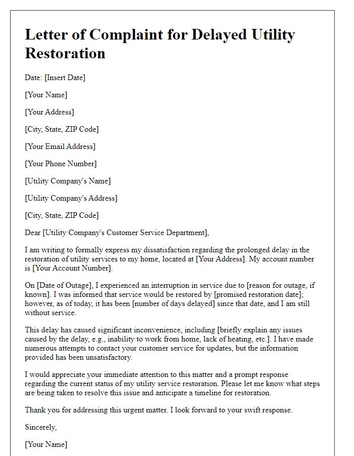 Letter template of complaint for delayed utility restoration