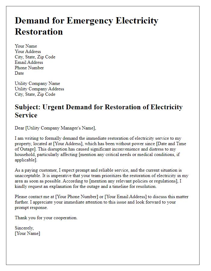 Letter template of demand for emergency electricity restoration