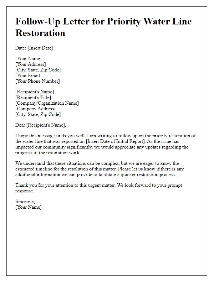 Letter template of follow-up for priority water line restoration