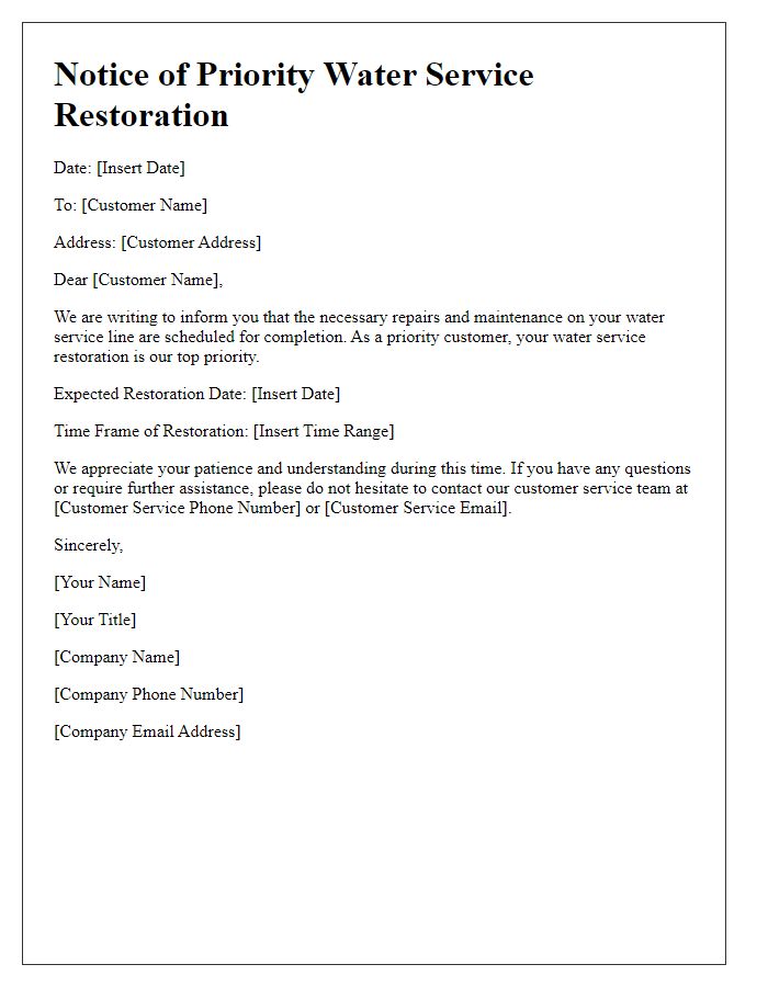 Letter template of notification for priority water service restoration