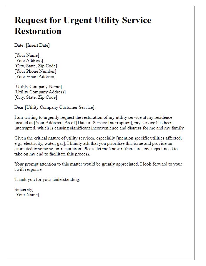 Letter template of request for urgent utility service restoration