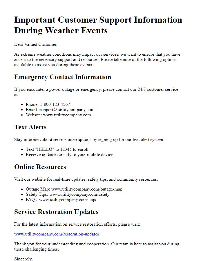 Letter template of utility customer support options during weather events