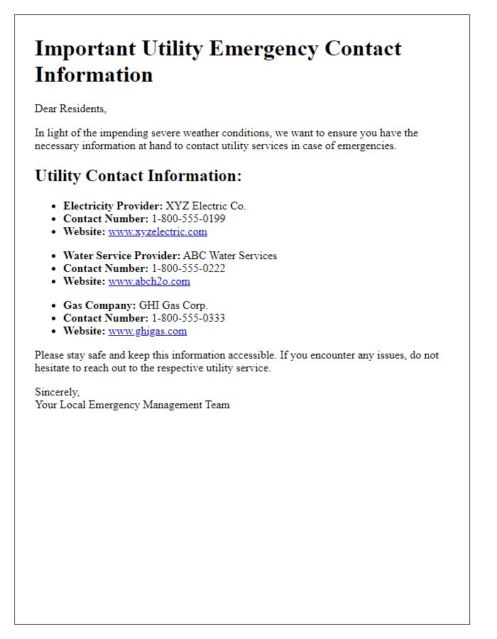 Letter template of utility emergency contact information for bad weather