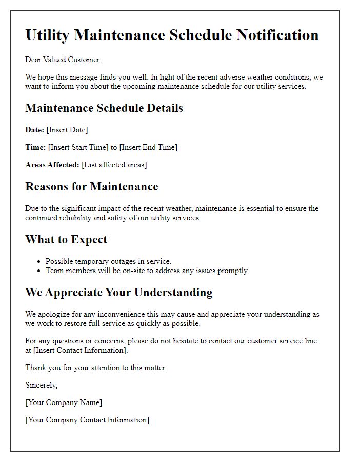 Letter template of utility maintenance schedule following adverse weather