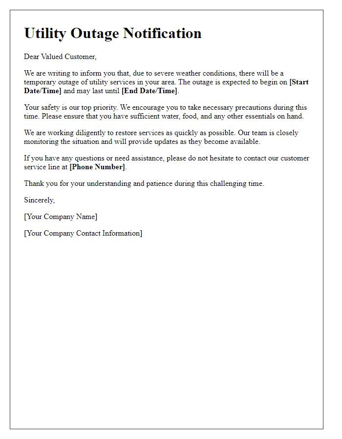 Letter template of utility outage notification due to severe weather