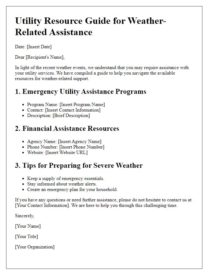 Letter template of utility resource guide for weather-related assistance