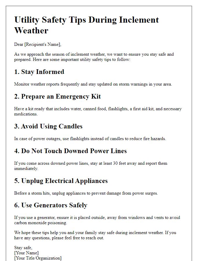 Letter template of utility safety tips during inclement weather