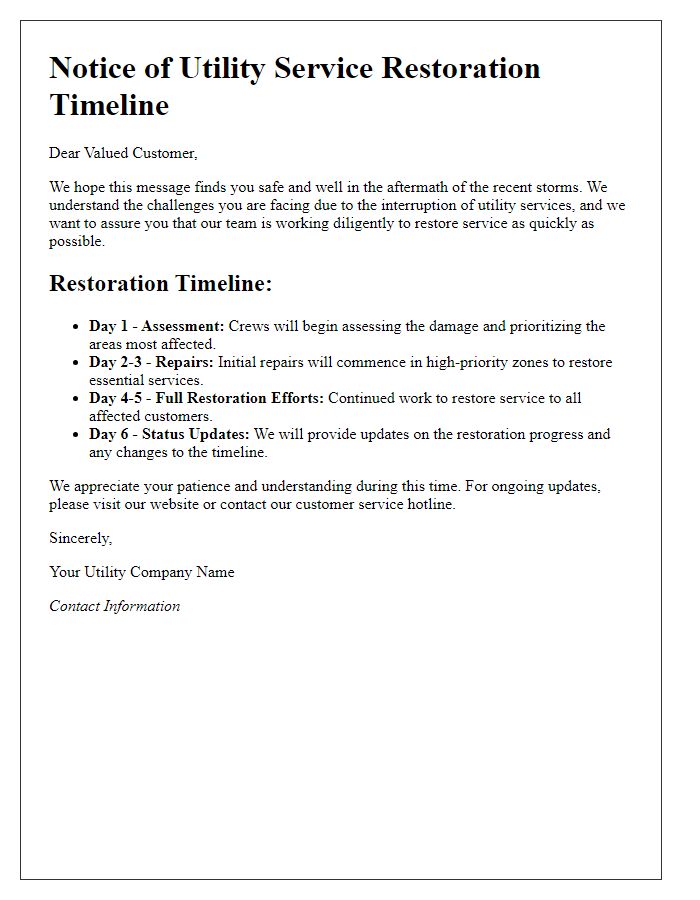 Letter template of utility service restoration timeline after storms