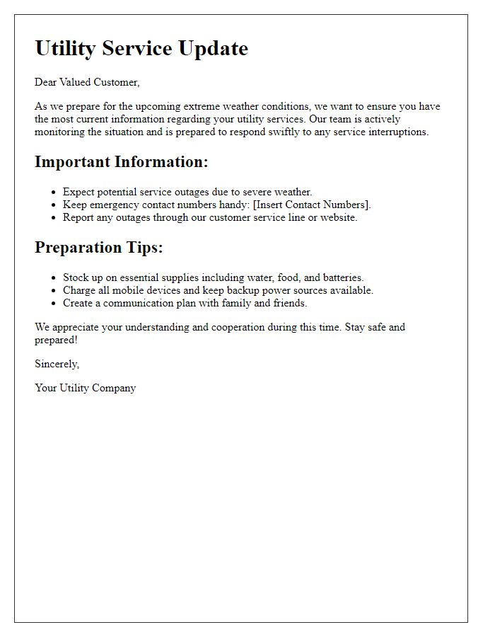 Letter template of utility service update for extreme weather preparation