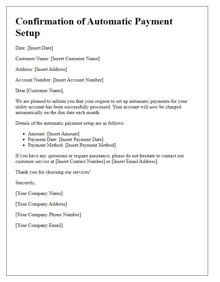 Letter template of confirmation for setting up utility automatic payments.