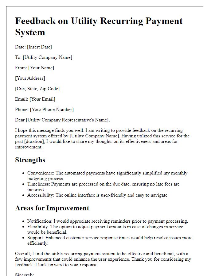 Letter template of feedback on utility recurring payment system effectiveness.