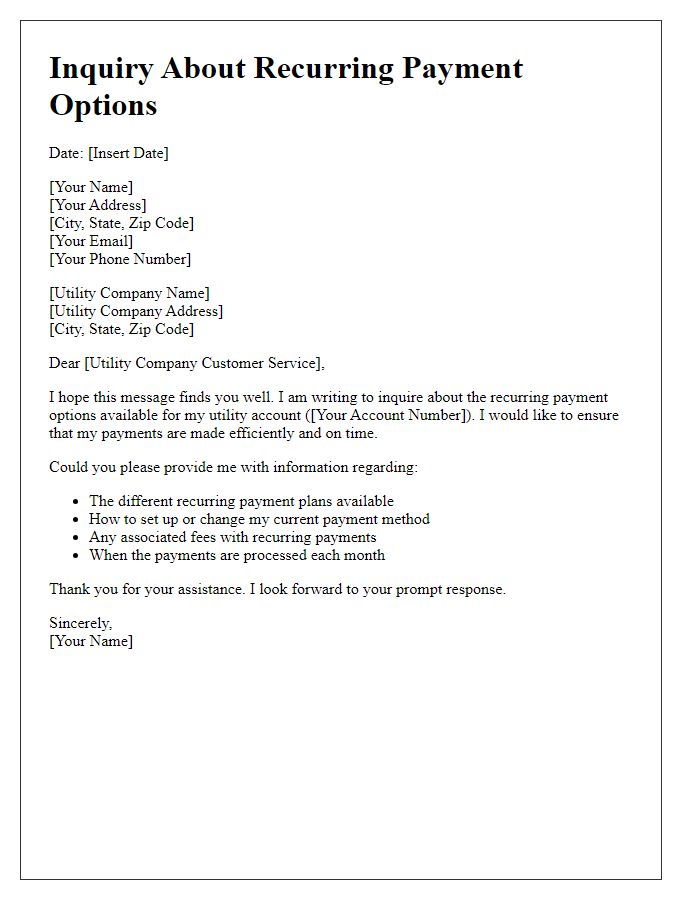 Letter template of inquiry regarding utility recurring payment options.