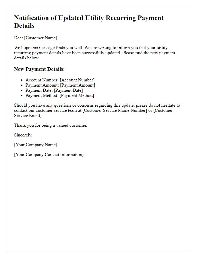 Letter template of notification for updated utility recurring payment details.