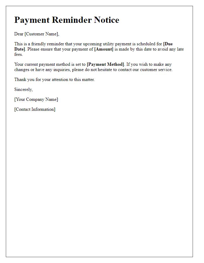 Letter template of reminder for impending utility recurring payment schedule.