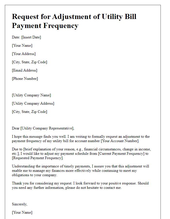 Letter template of request for utility bill payment frequency adjustment.