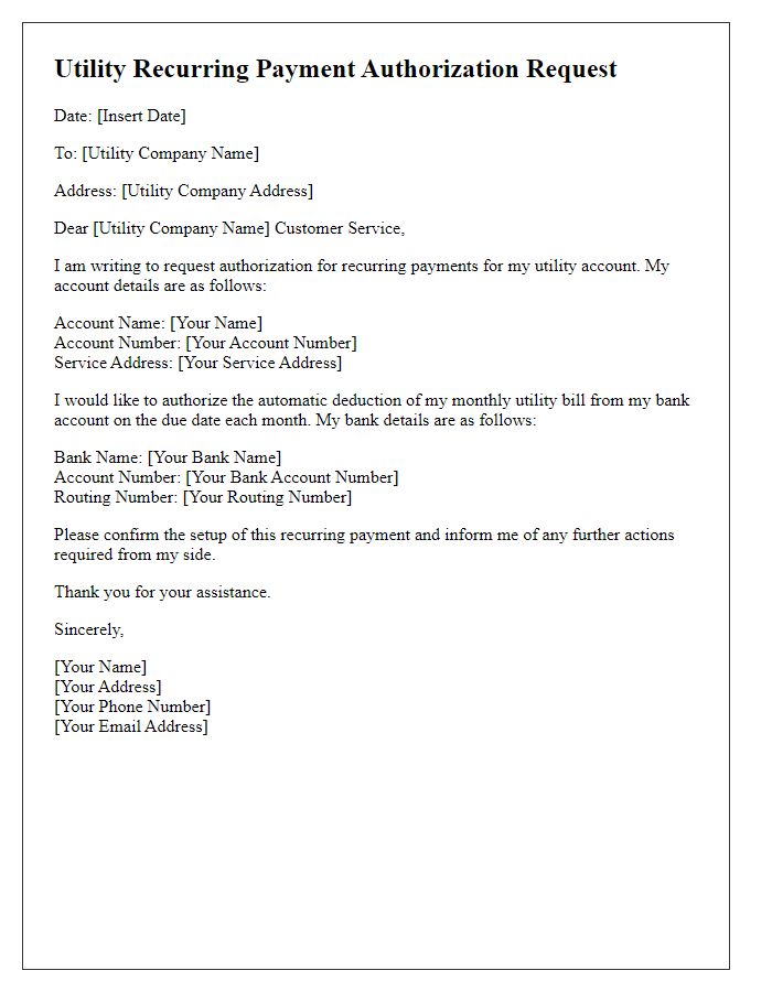 Letter template of request for utility recurring payment authorization.