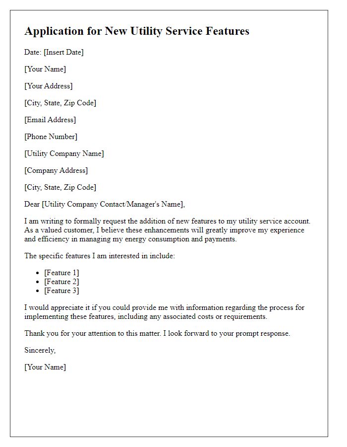 Letter template of application for new utility service features