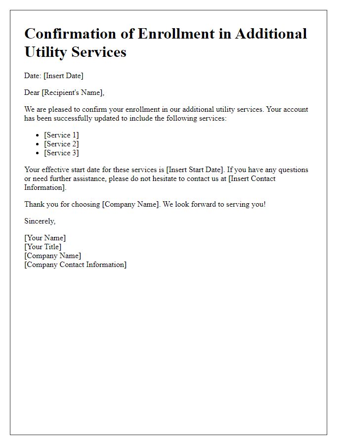Letter template of confirmation for enrollment in additional utility services